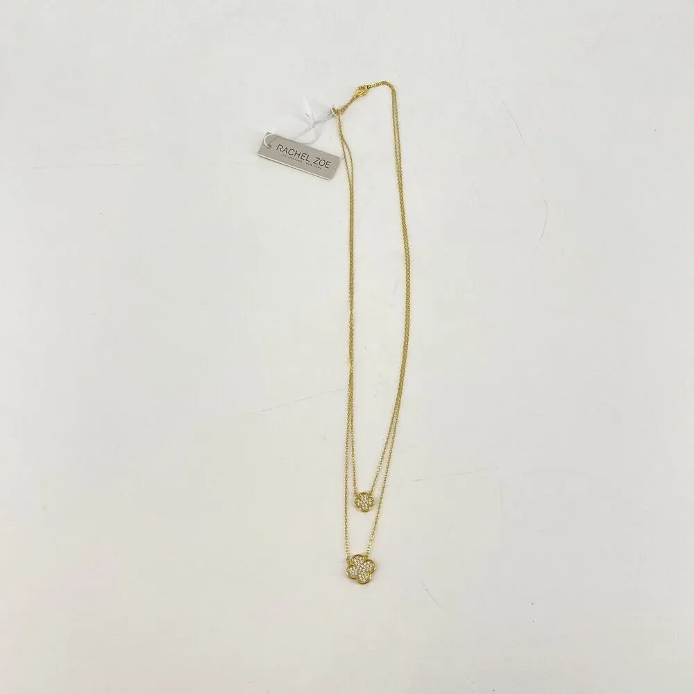 Rachel Zoe CZ Pavé Double Clover Necklace Gold Plated 925 Sterling Silver 18”